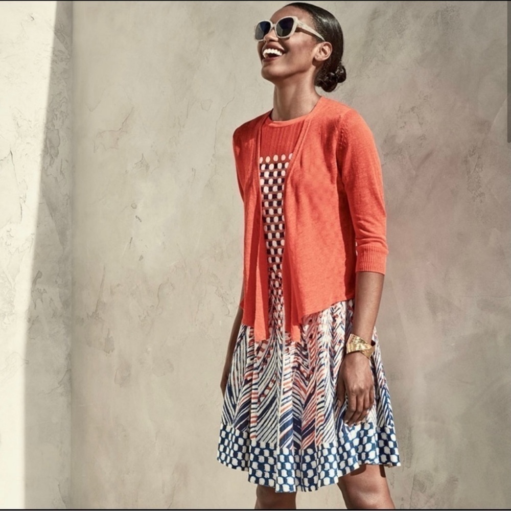 Nic + Zoe Coral Blue Cream Print Fiore Fit & Flare Dress & Cardigan Sweater
